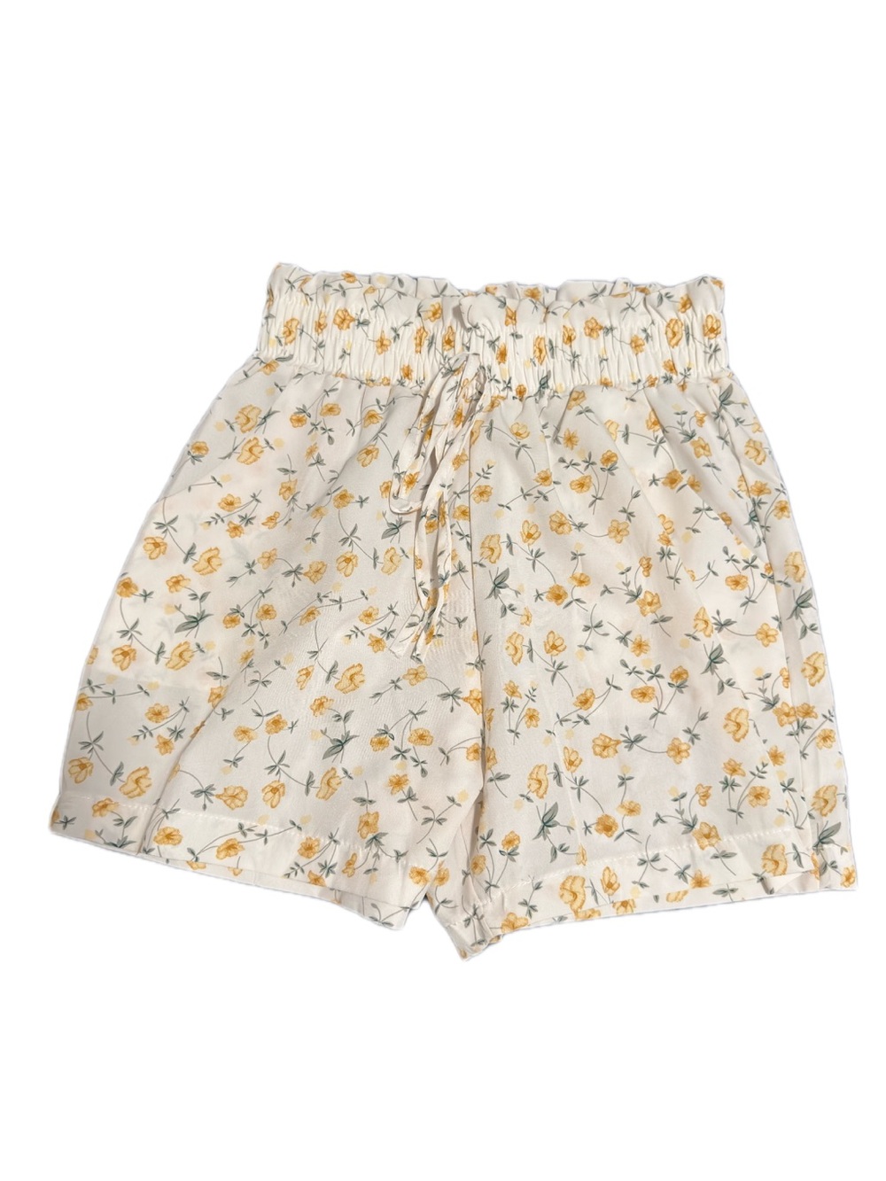 Smocked High-Waist Floral Shorts in Cream with Yellow Print